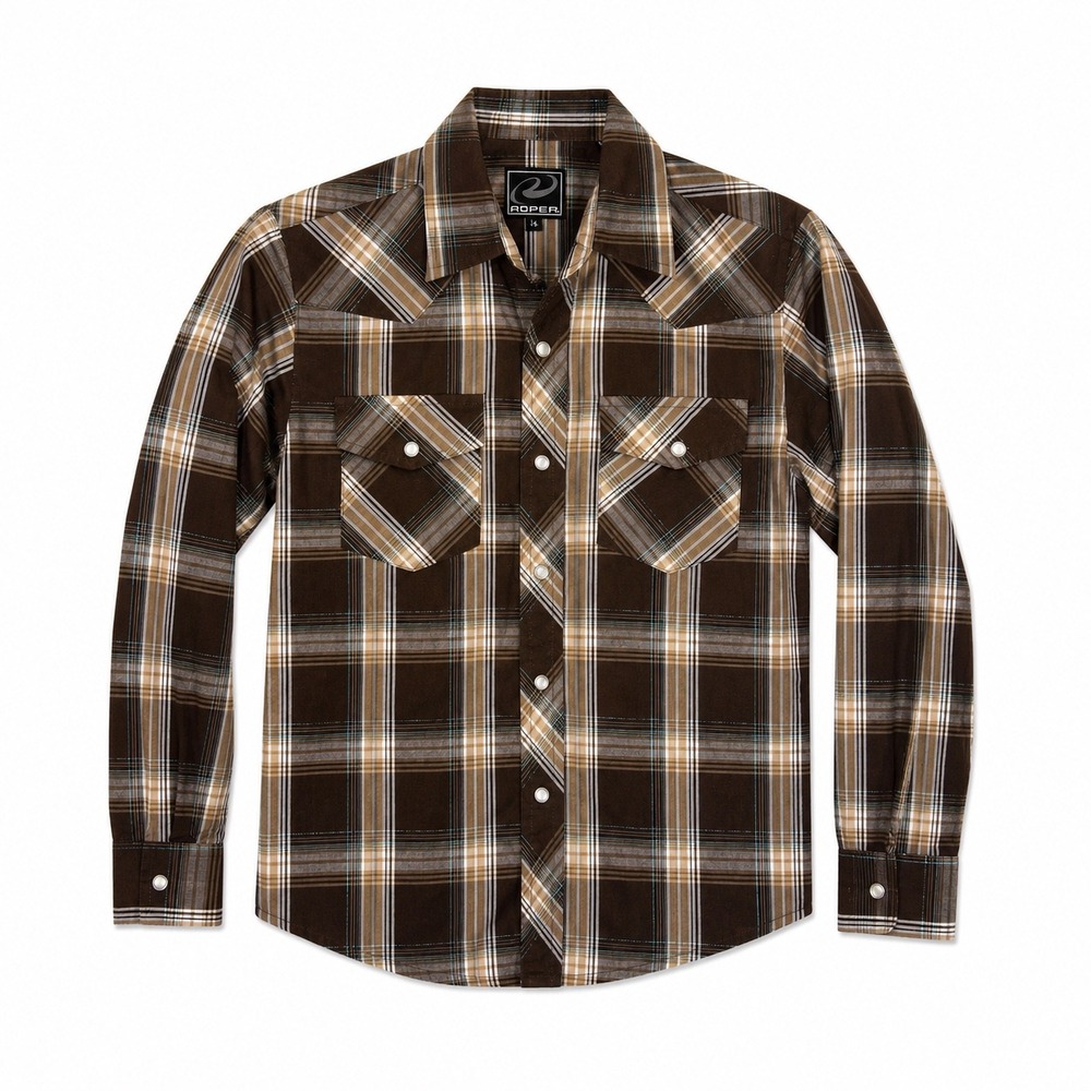 Roper Boys Pearl Snap Western Plaid Shirt Brown Blue Size Medium 8 10